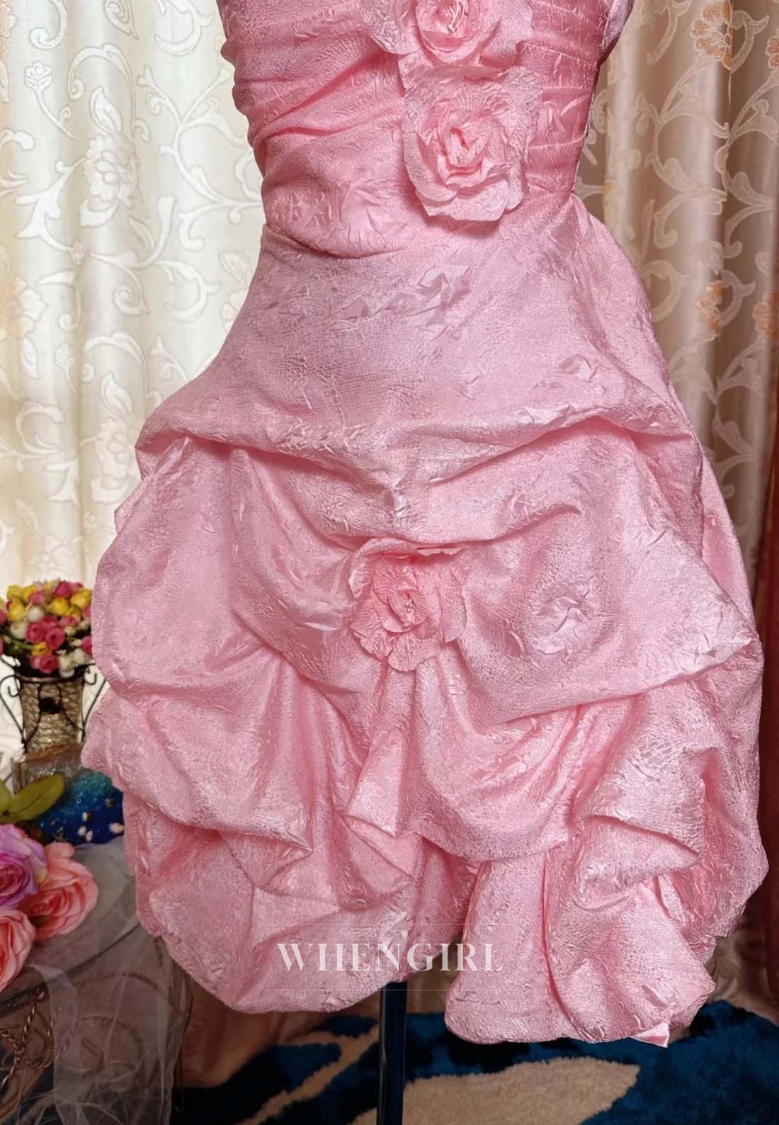 Candy Pink Ruched Flowers Beaded Back Zipper Sheath Short Homecoming Dress