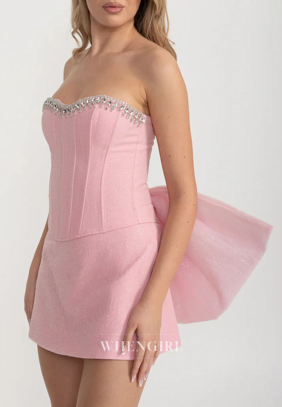 Light Pink Sweetheart Beaded Sheath Back Zipper Short Homecoming Dress with Removable Bowknot