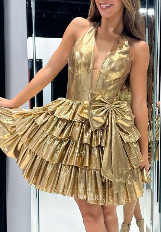 A-Line Sleeveless Halter V Neck Multi Tiered Bowknot Ruffles Short Homecoming Dress