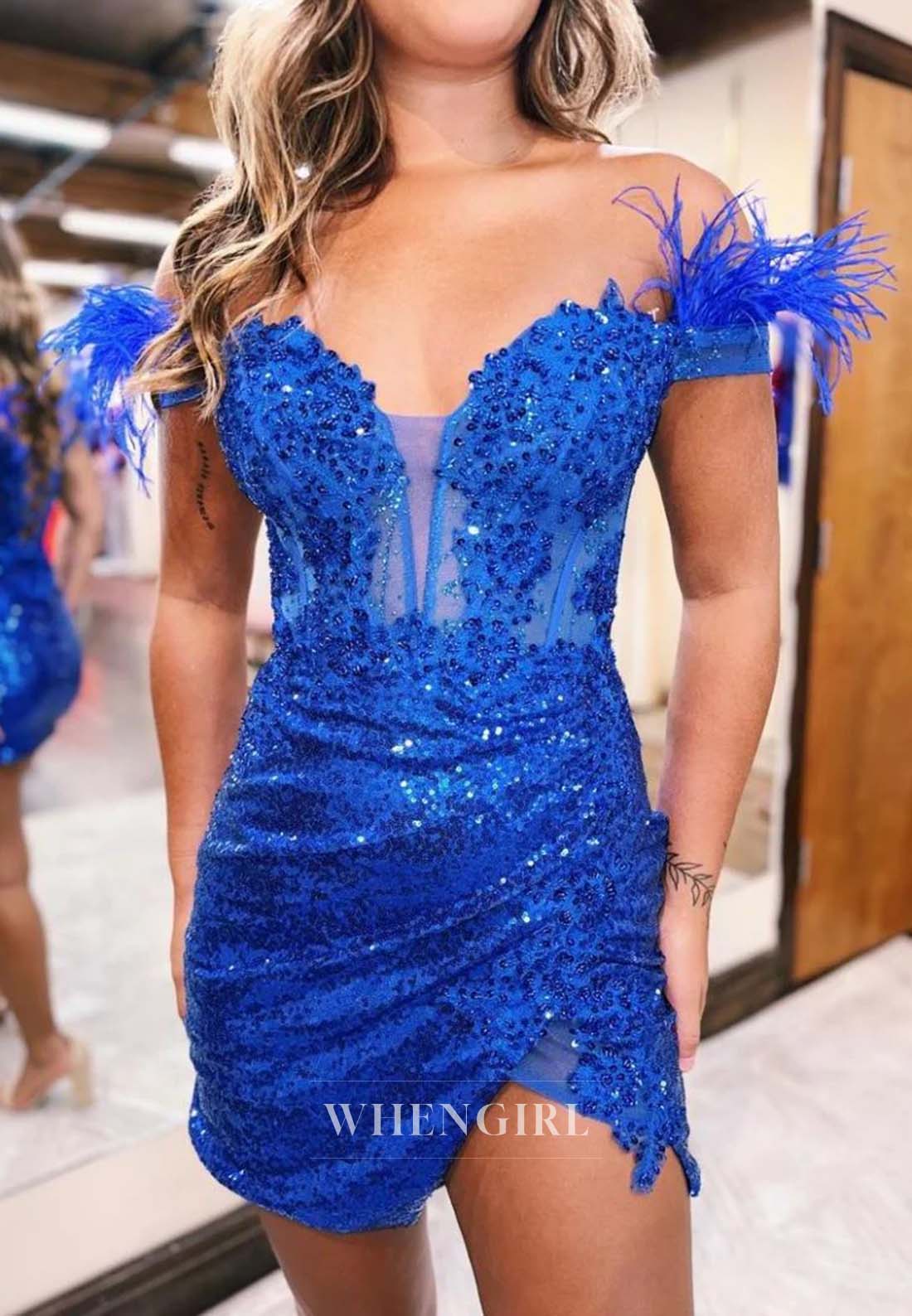 Off Shoulder Appliques Sequins Side Slit Pleated V Neck Lace Up Short Homecoming Dress