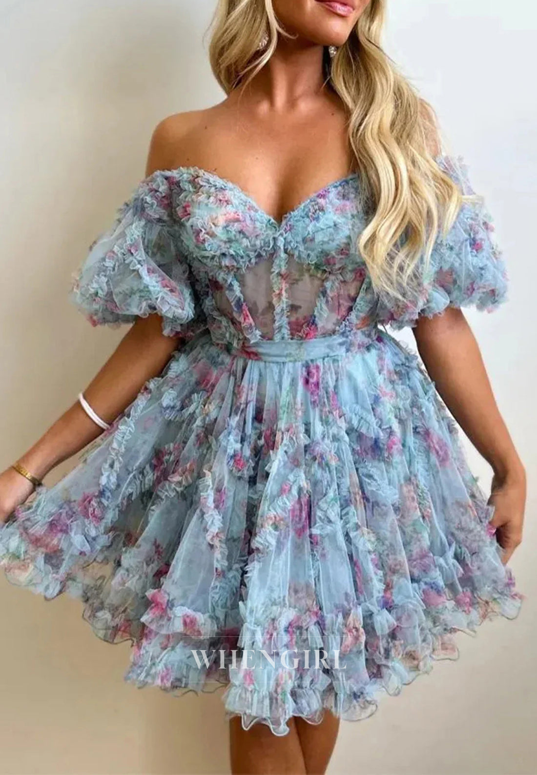 A-Line Floral Short Puff Sleeves Sweetheart Back Zipper Bowknot Short Homecoming Dress