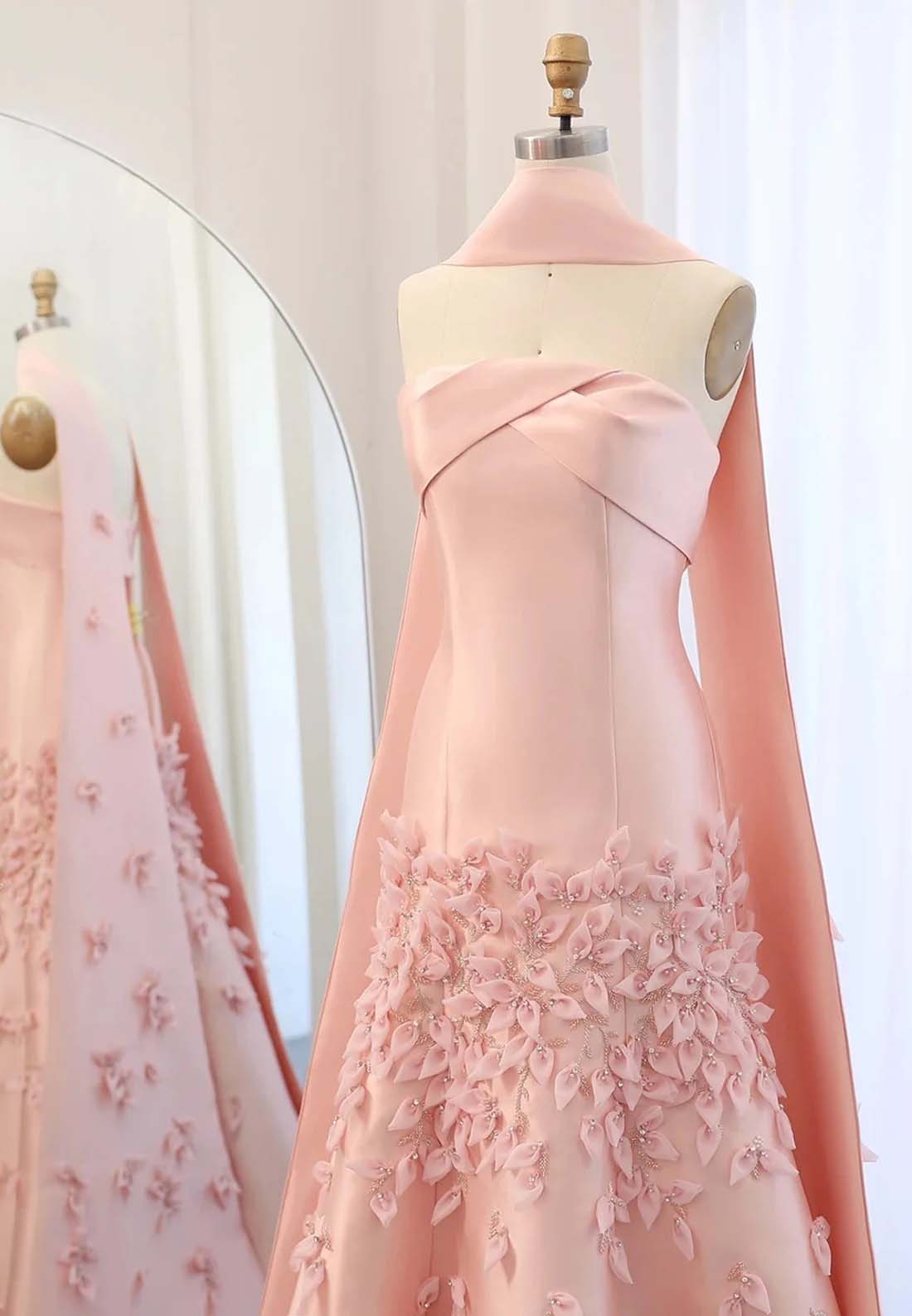 A-Line Strapless Pleated Beaded Strapless Sleeveless Floor Length Formal Dress with Cape
