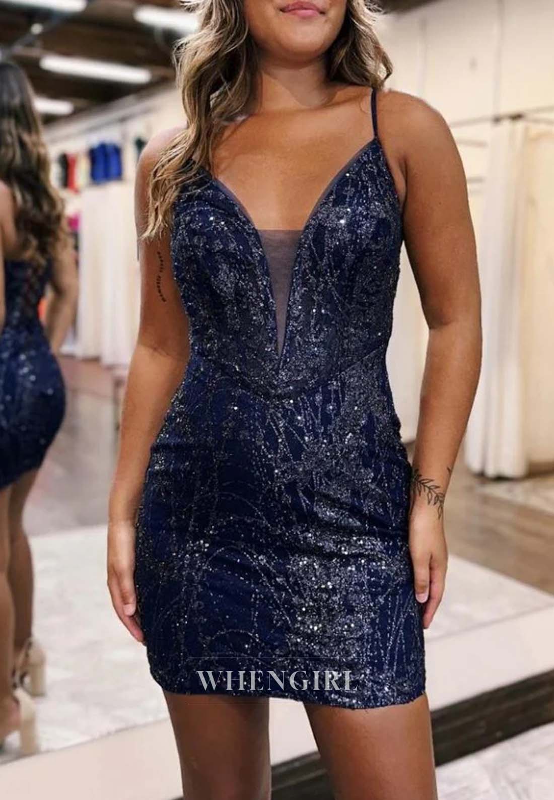 V Neck Sleeveless Spaghetti Straps Sheath Lace Up Sheath Short Homecoming Dress