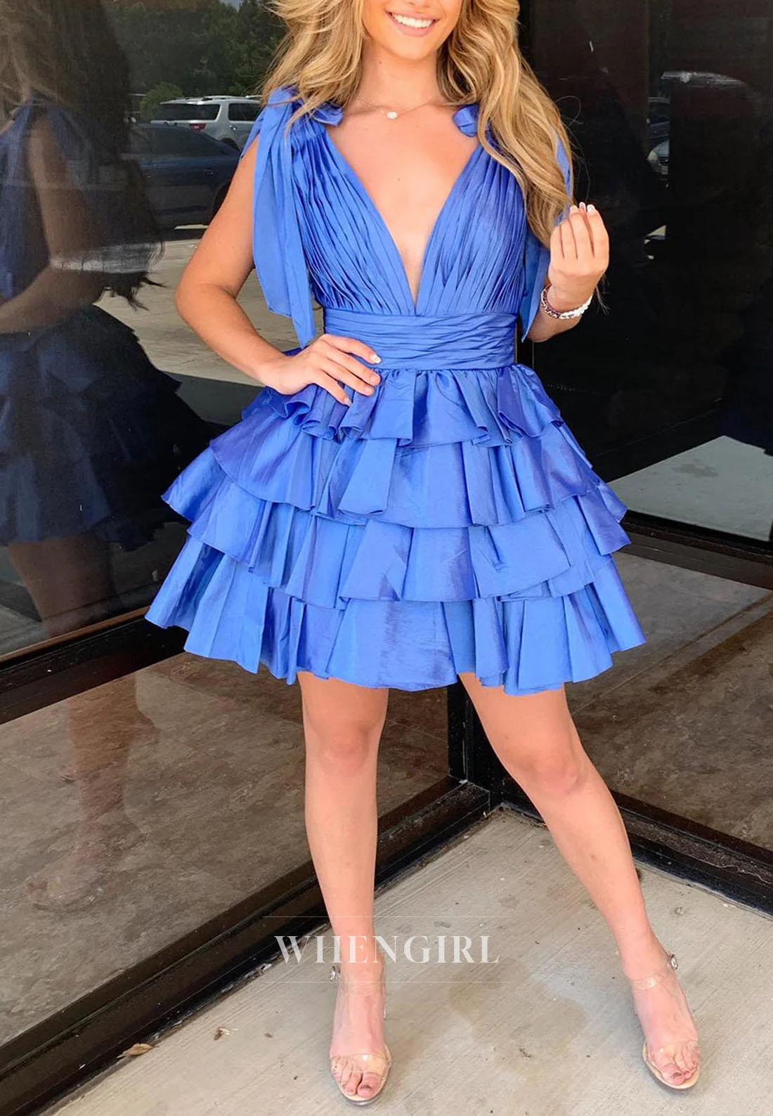 A-Line V Neck Sleeveless Multi Tiered Zipper Back Sleeveless Short Homecoming Dress