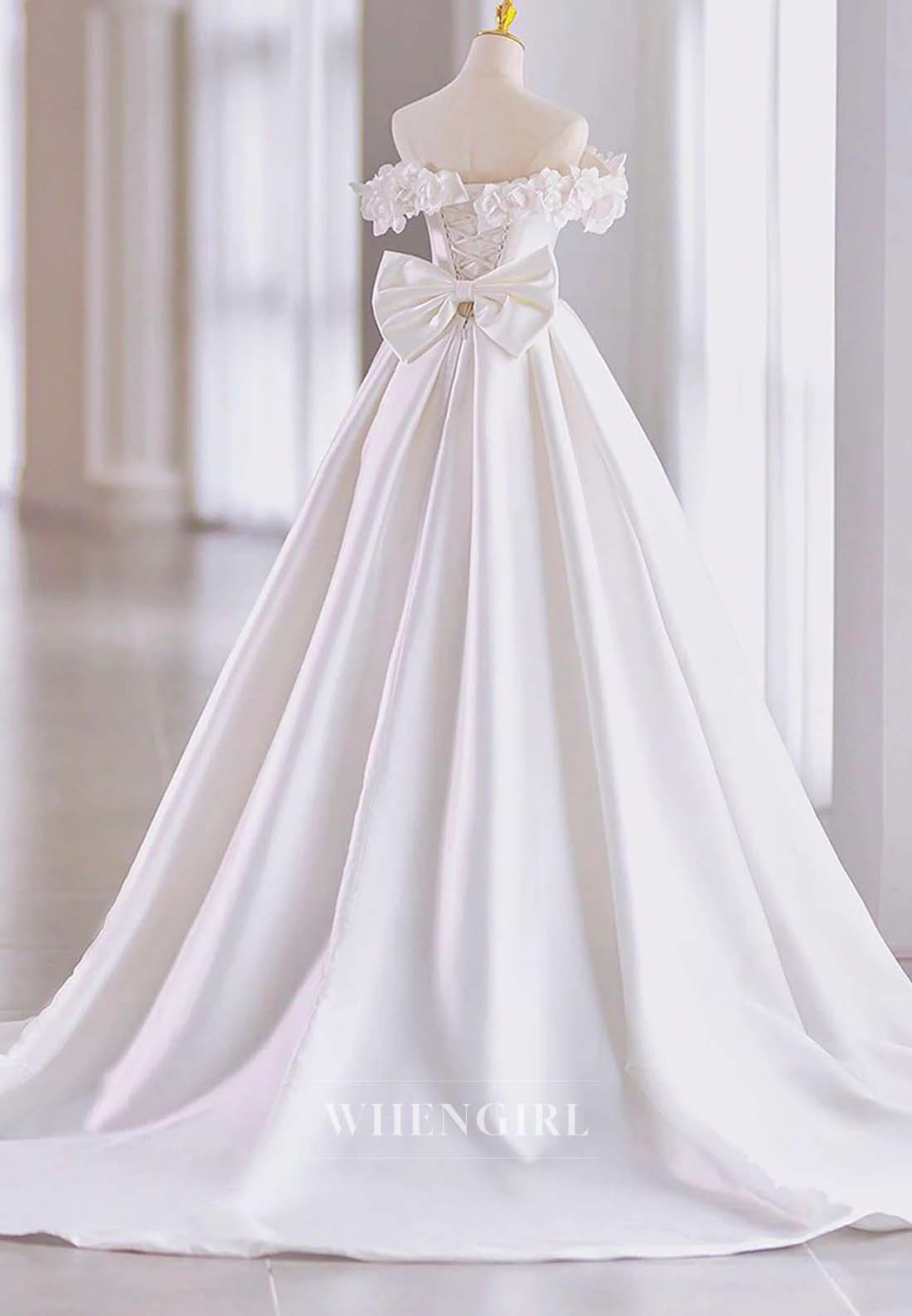 3D Flowers Off Shoulder Sleeveless Lace Up Bowknot A-Line Satin Court Train Wedding Dress
