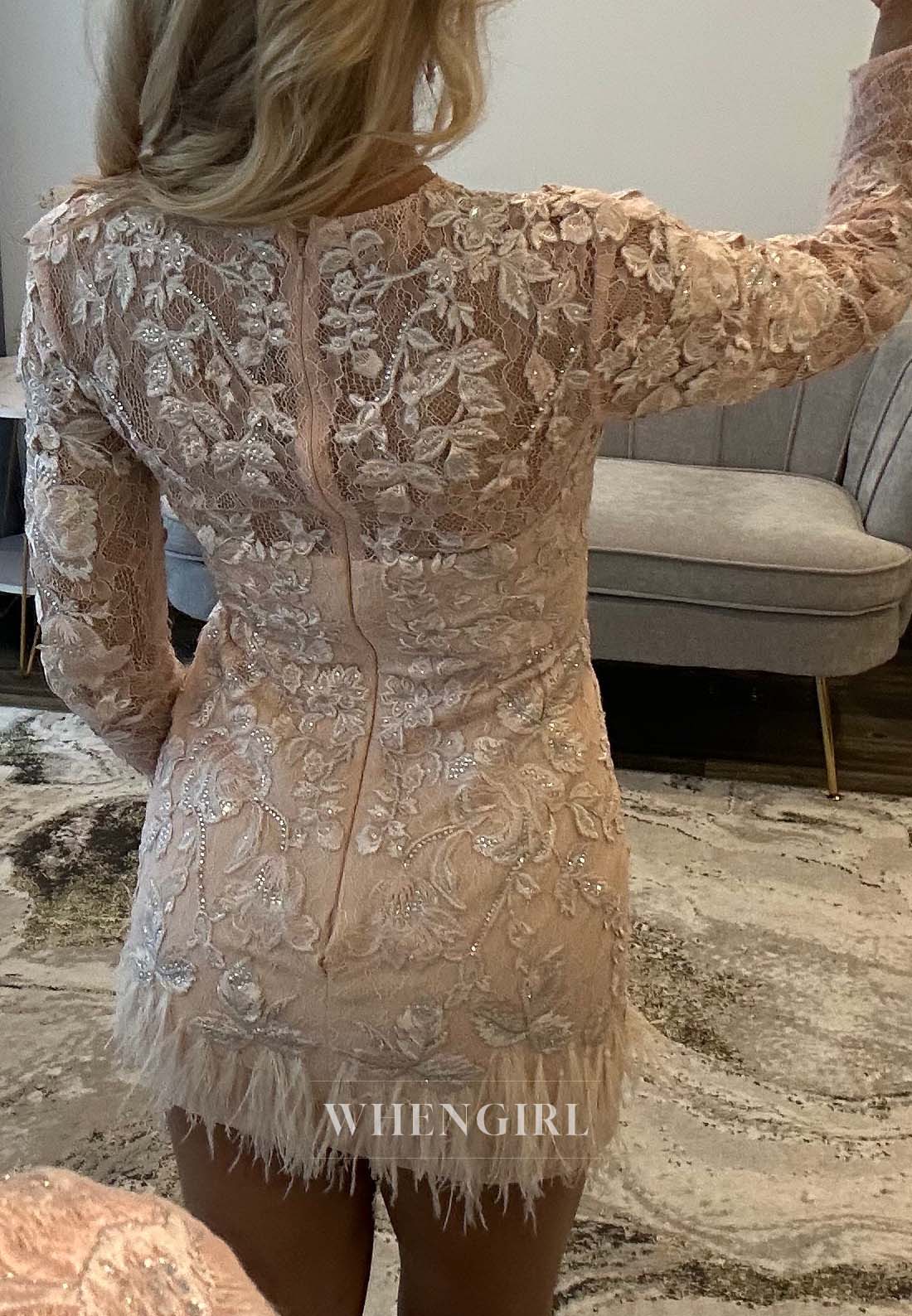 Blush Lace Long Sleeves Beteau Neck Feather Back Zipper Sheath Short Homecoming Dress