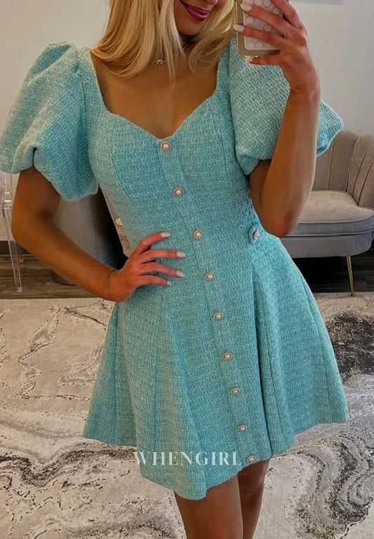 A-Line V Neck Short Puff Sleeves Buttons Short Homecoming Dress