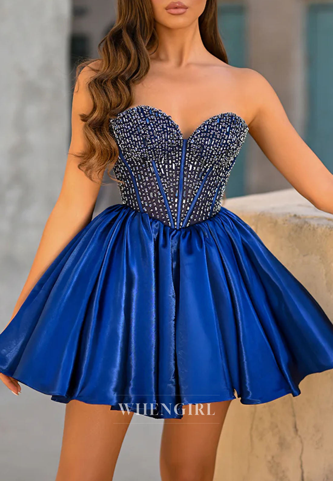 A-Line Sweetheart Sleeveless Beaded Strapless Satin Short Homecoming Dress