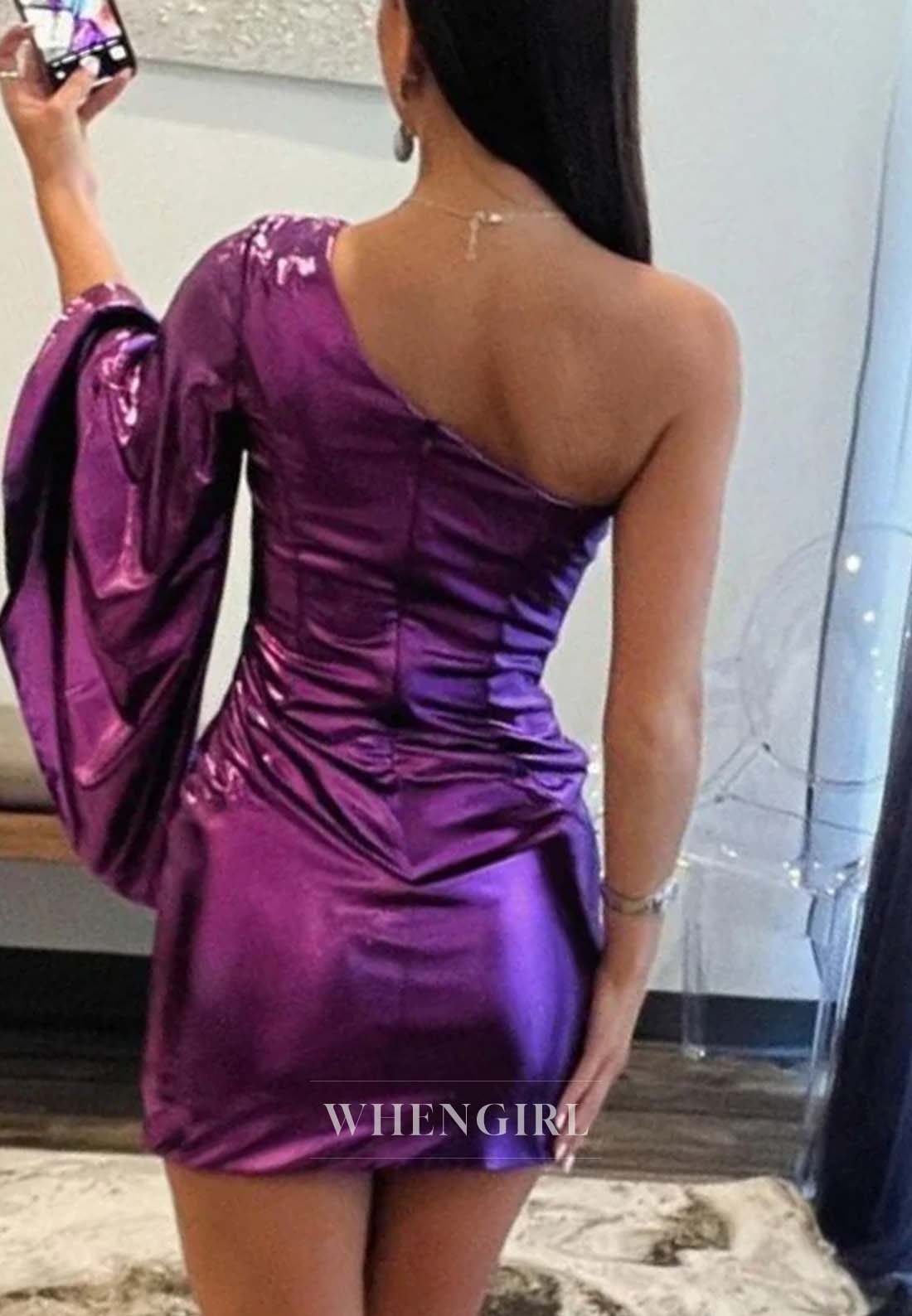 One Shoulder Single Sleeve Pleated Back Zipper Short Sheath Homecoming Dress