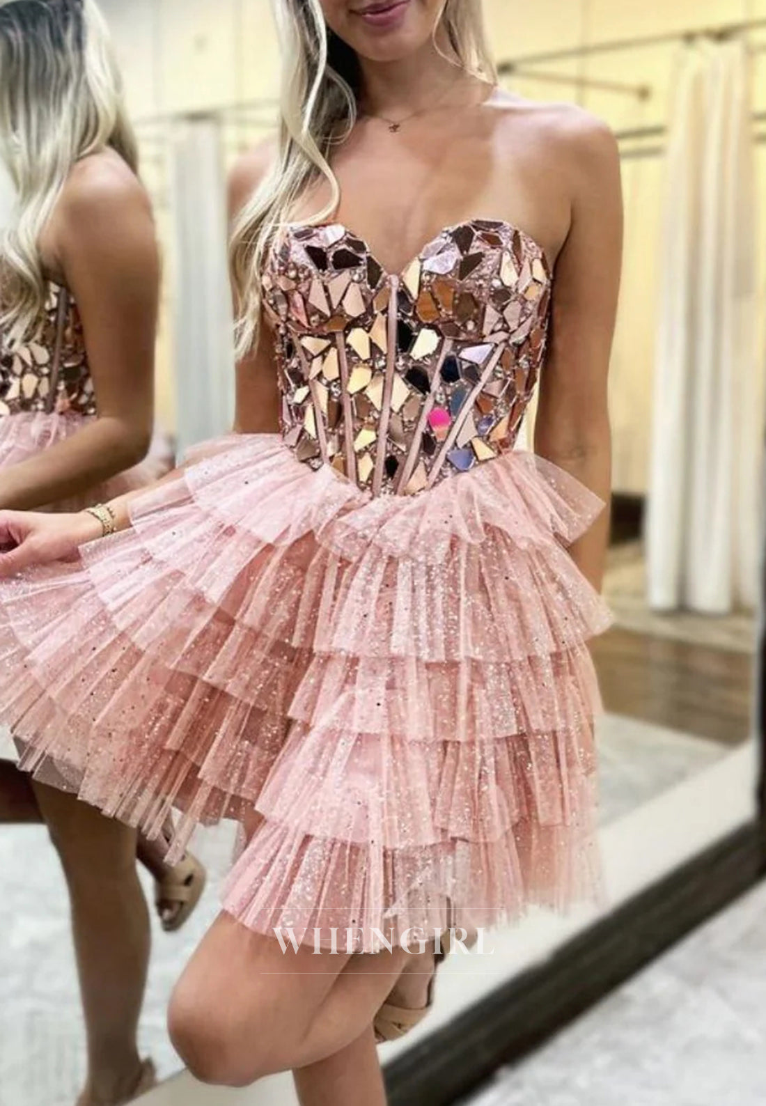 Sweetheart Sleeveless Multi Tiered Back Zipper Cut Glass Mirro Short A-Line Homecoming Dress