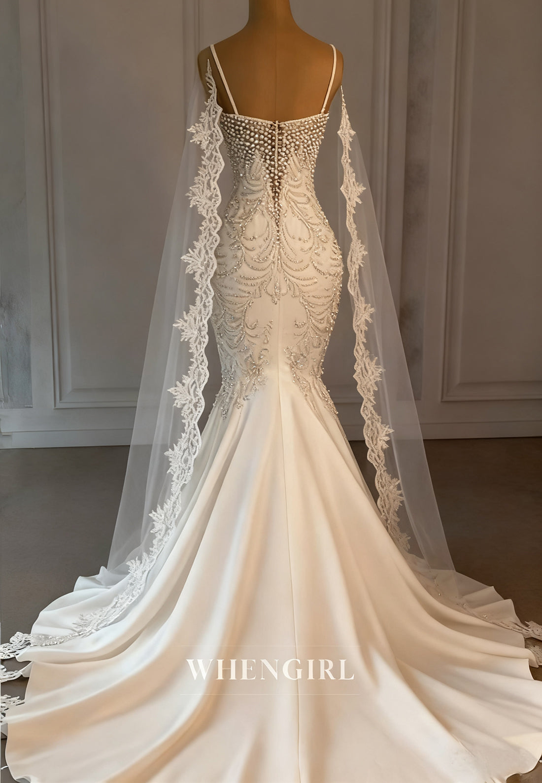 Sweetheart Pearls Beading Sleeveless Mermaid Wedding Dress with Sweep Train