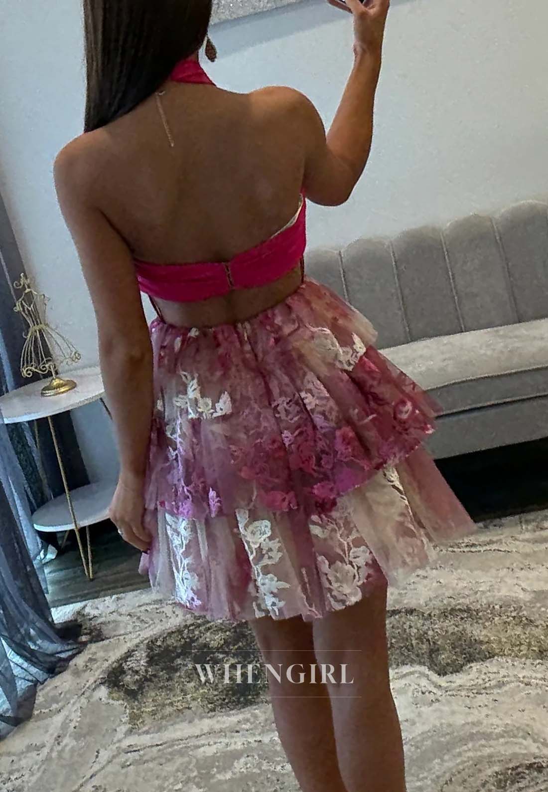 A-Line Cut Out Cross Neck Sleeveless Ruffle Multi Tiered Short Homecoming Dress
