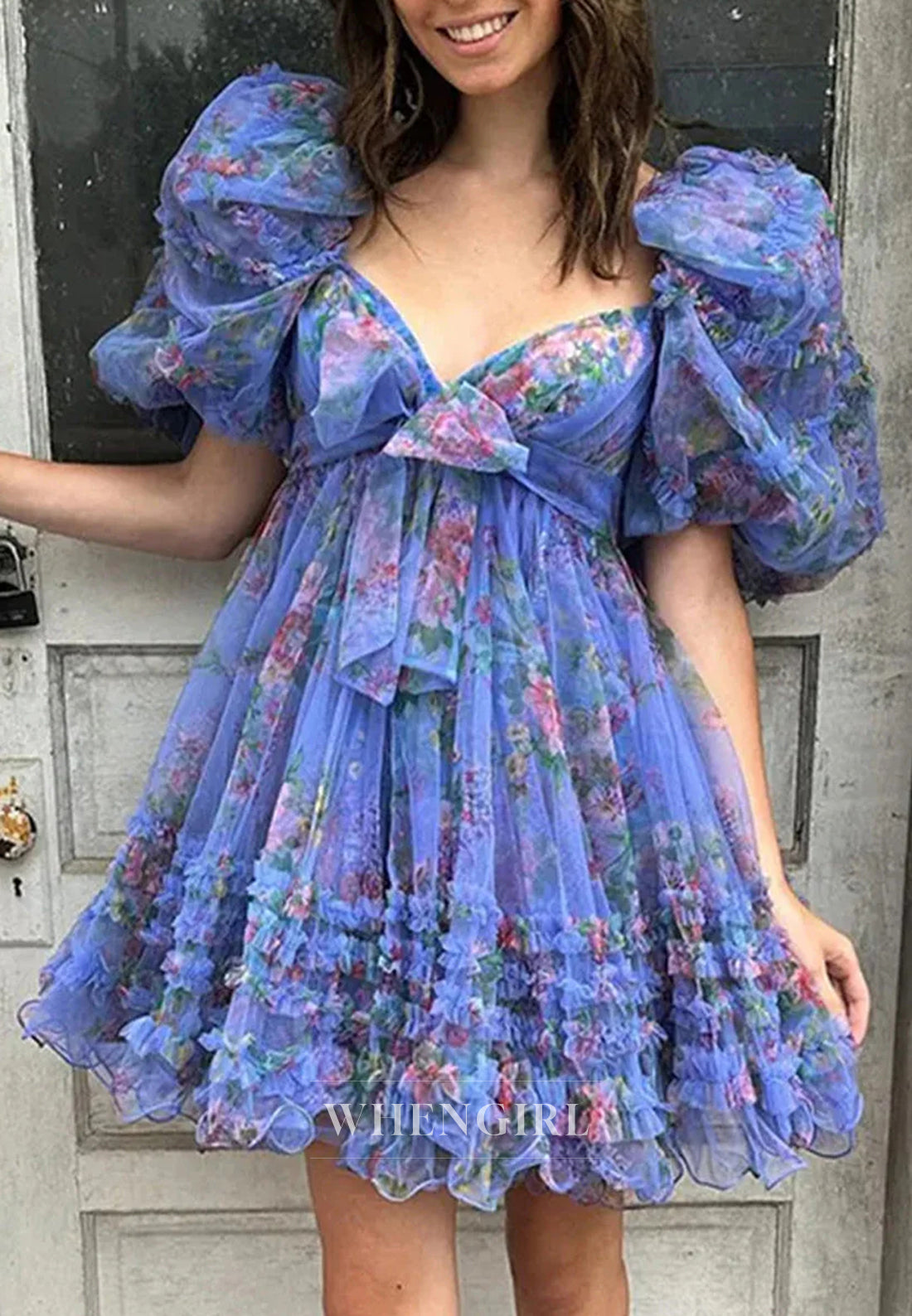 A-Line Tulle Short Puff Sleeves Multi Tiered Bowknot Floral Short Homecoming Dress