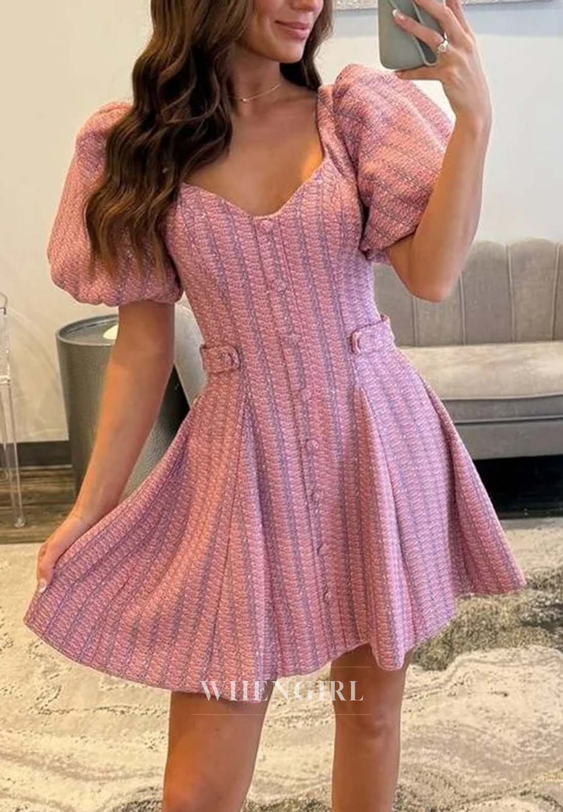 A-Line V Neck Short Puff Sleeves Buttons Short Homecoming Dress