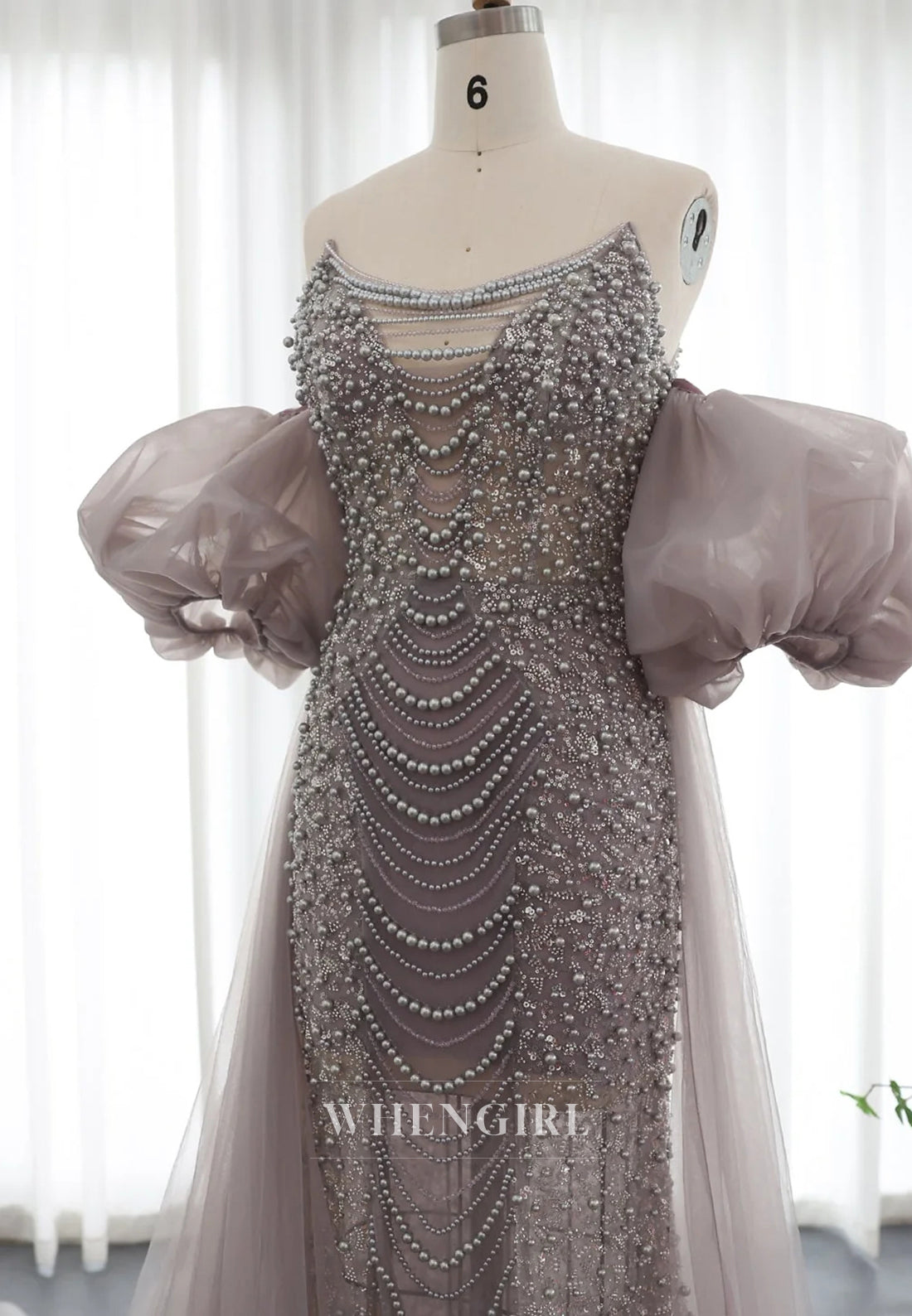 Silver Mauve Pearls Beading Sheath Formal Dress Strapless Sweep Trian Evening Gown with Cape