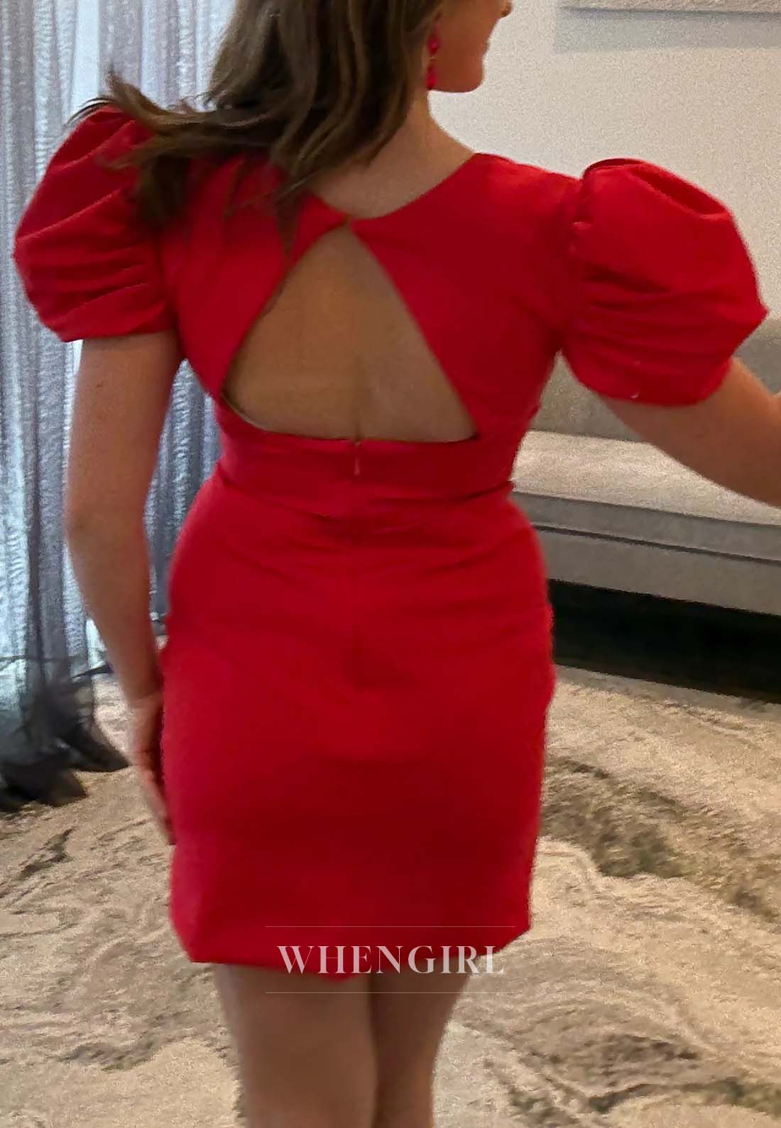 Short Puff Sleeves V Neck Side Slit Sheath Short Homecoming Dress