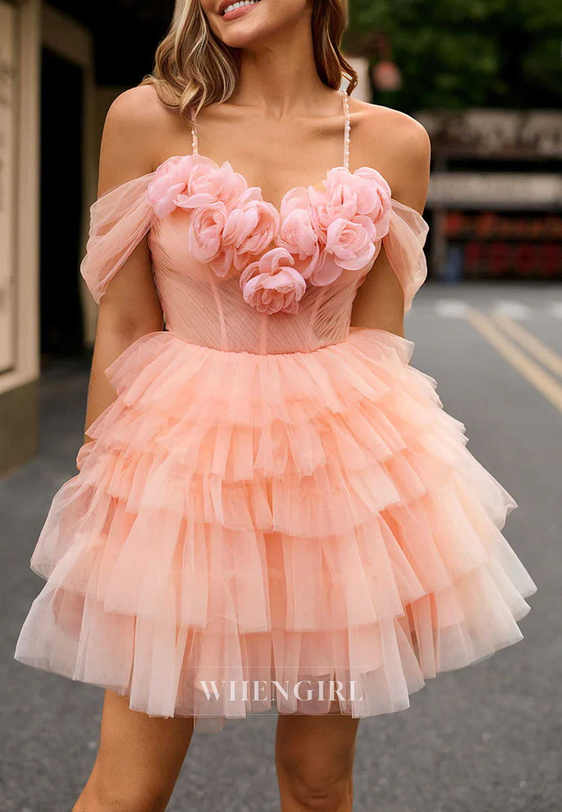 Pearl Pink Sweetheart 3D Flowers Back Zipper Multi Tiered Tulle A-Line Short Homecoming Dress