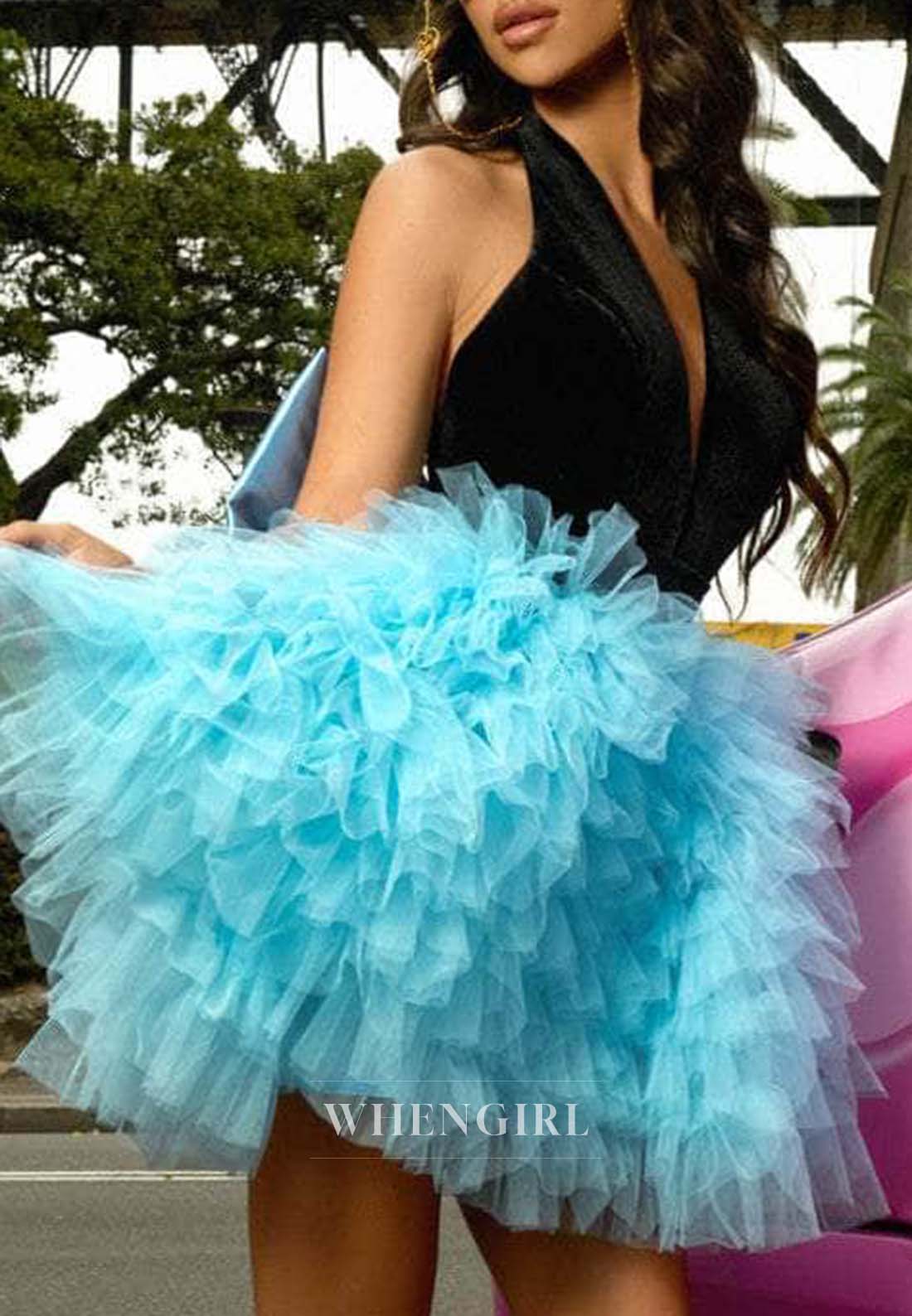 Low V Neck Multi Tiered Bowknot Sleeveless Halter A-Line Homecoming Dress