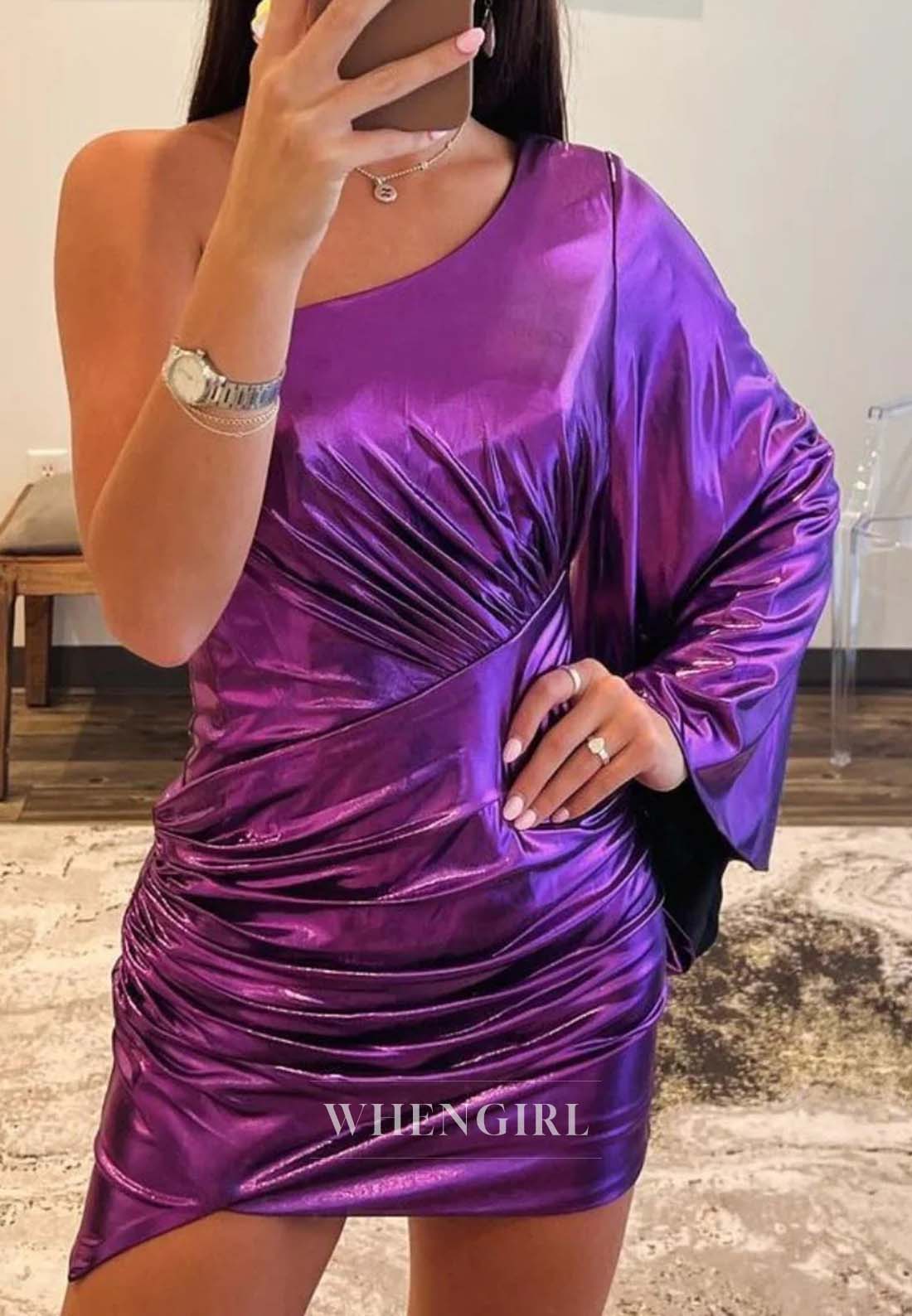 One Shoulder Single Sleeve Pleated Back Zipper Short Sheath Homecoming Dress