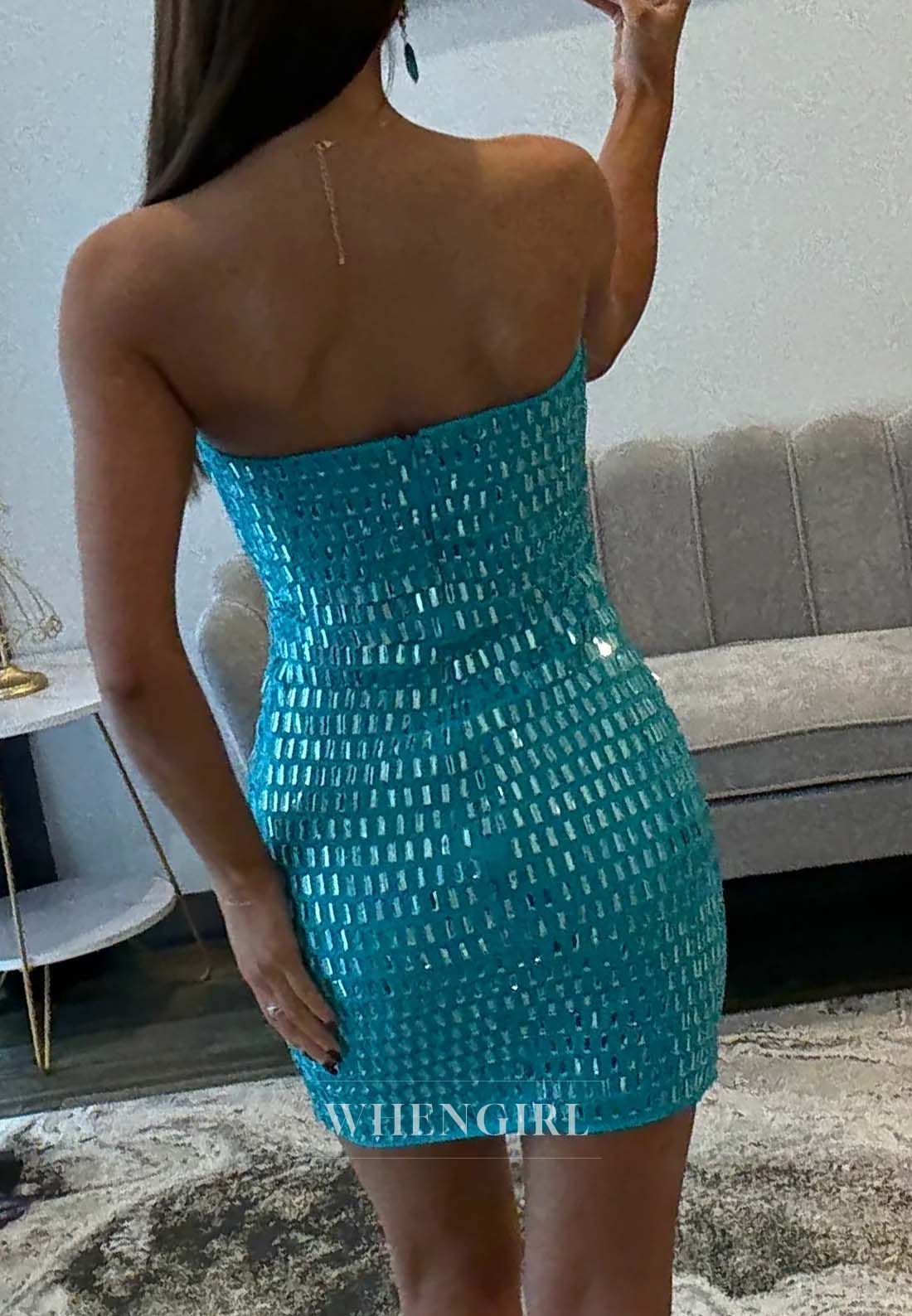 Blue Beaded Sleeveless Back Zipper Tube Top Sheath Short Homecoming Dress