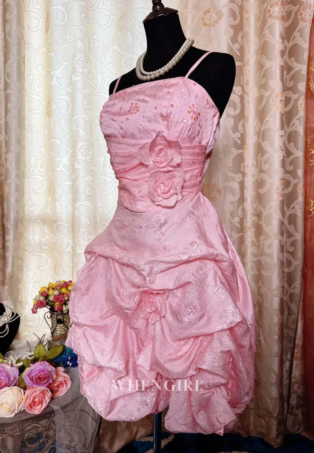 Candy Pink Ruched Flowers Beaded Back Zipper Sheath Short Homecoming Dress