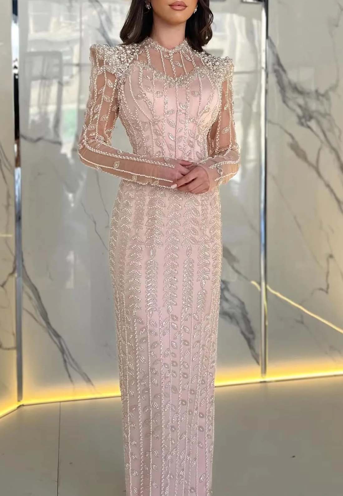 High Neck Long Sleeves Beaded Sheath Floor Length Formal Dress Evening Gown