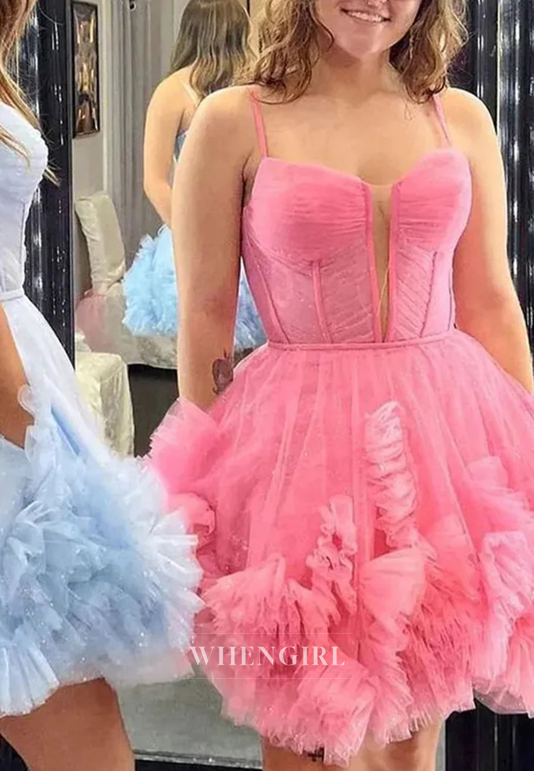 A-Line Sleeveless V Neck Multi Tiered Lace Up Short Tulle Homecoming Dress