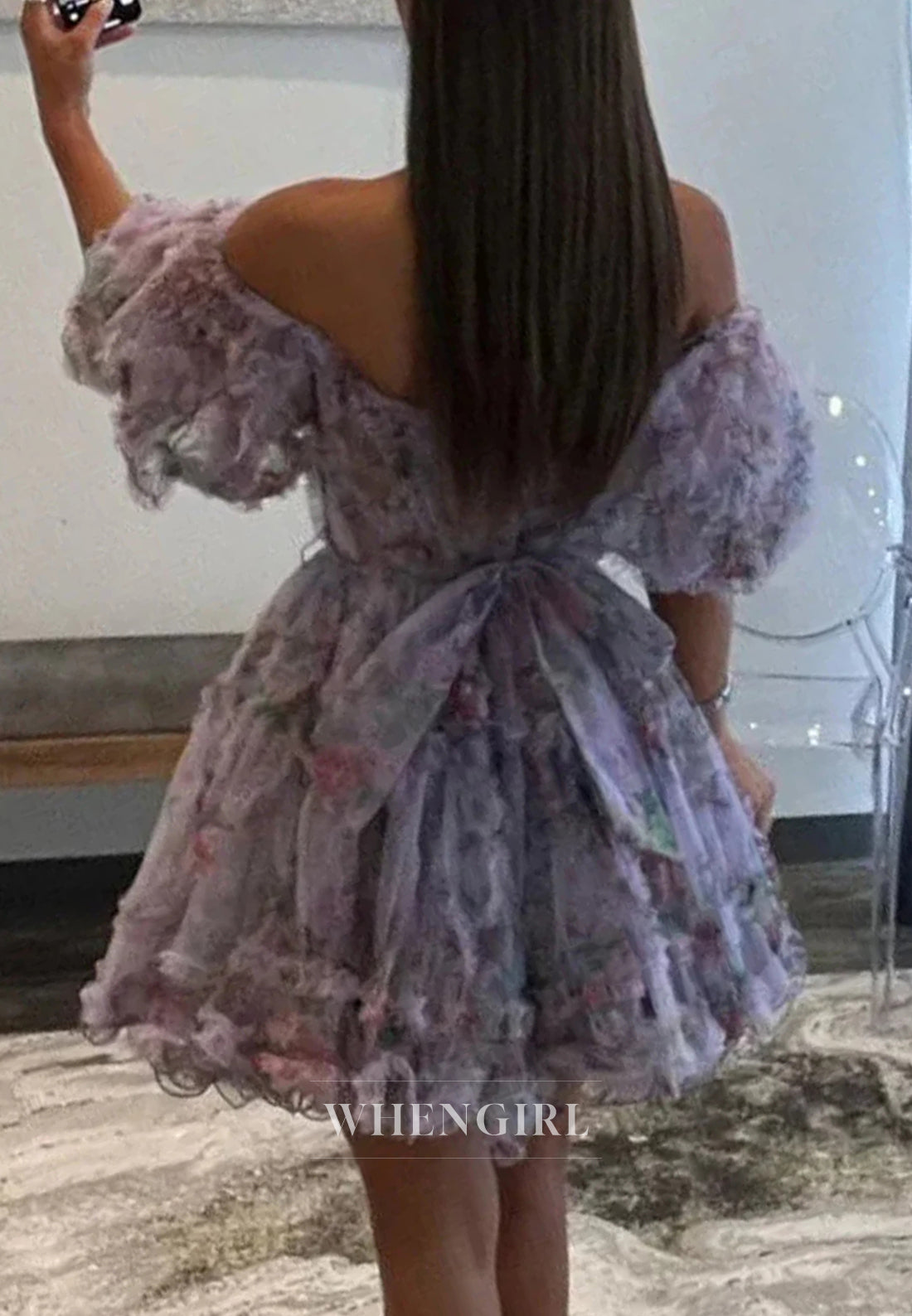 A-Line Floral Short Puff Sleeves Sweetheart Back Zipper Bowknot Short Homecoming Dress