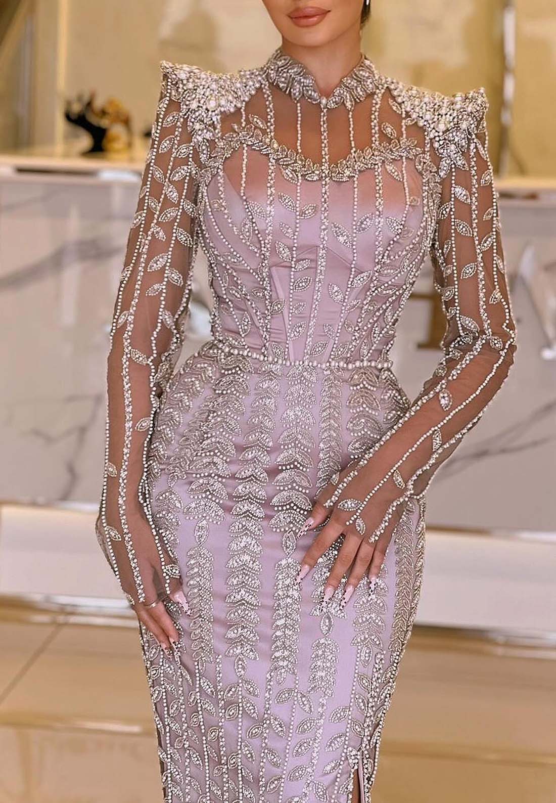 High Neck Long Sleeves Beaded Sheath Floor Length Formal Dress Evening Gown