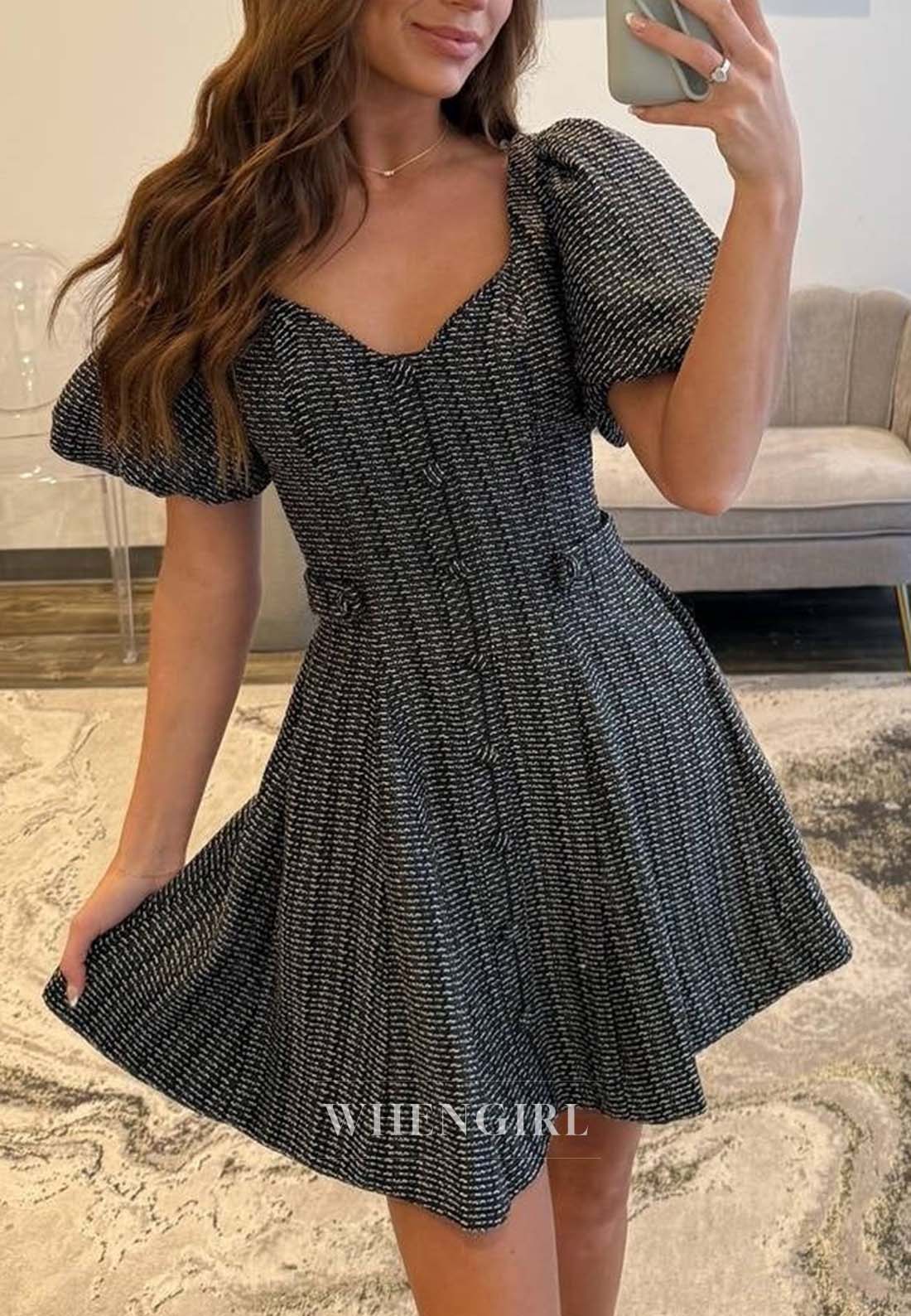 A-Line V Neck Short Puff Sleeves Buttons Short Homecoming Dress