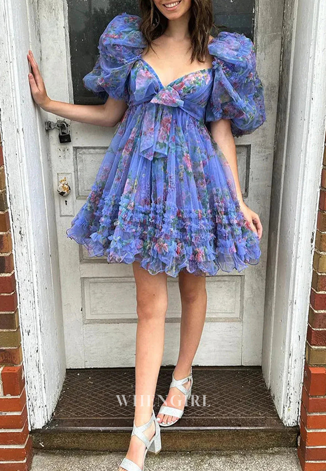 A-Line Tulle Short Puff Sleeves Multi Tiered Bowknot Floral Short Homecoming Dress