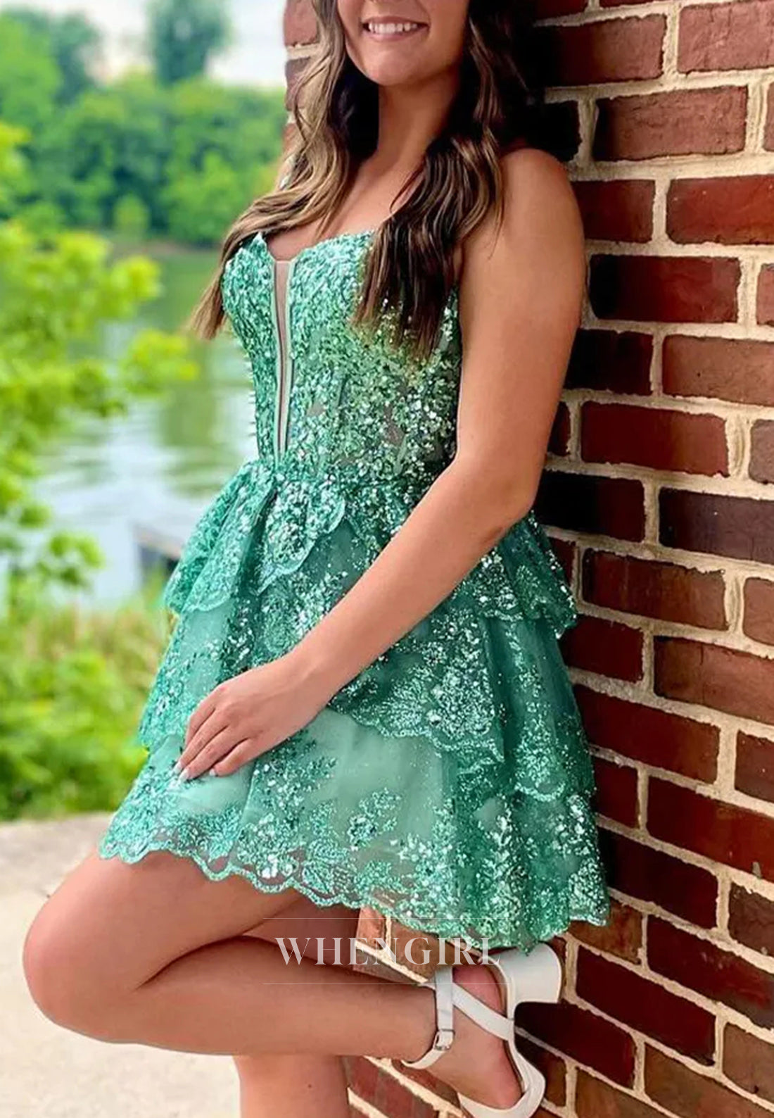 A-Line V Neck Sleeveless Beaded Multi Tiered Short Strapless Homecoming Dress