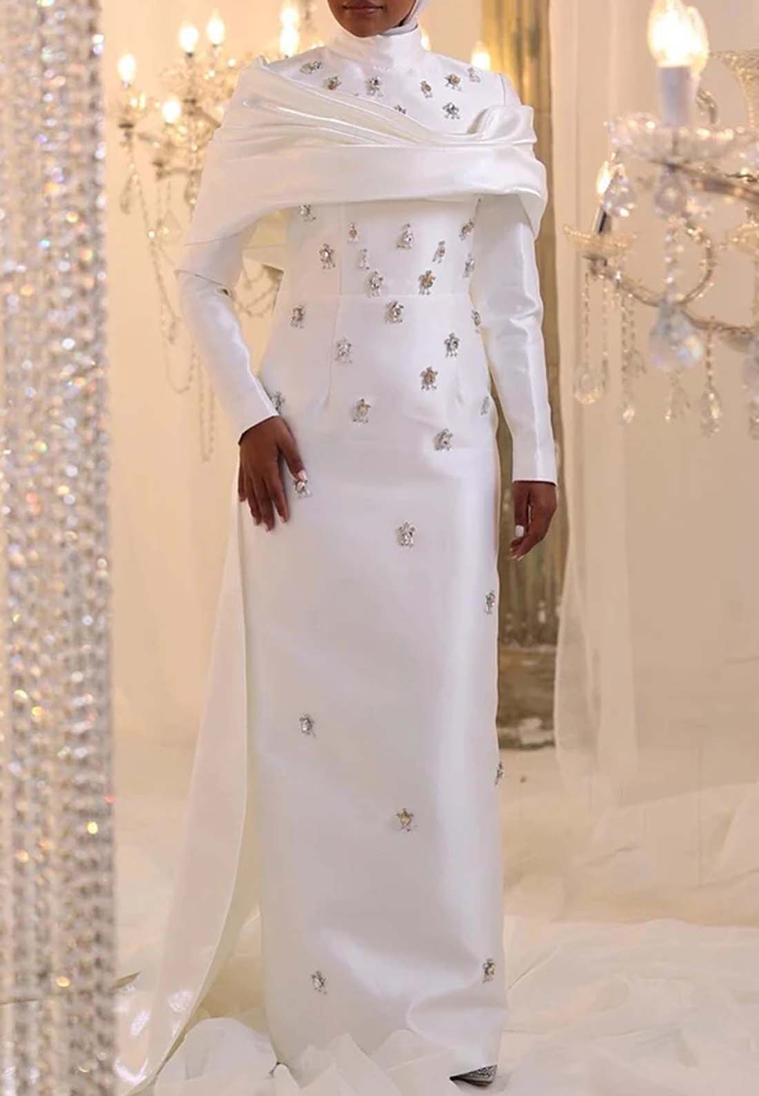 High Neck Long Sleeves Side Train Crystal Beaded Column Long Formal Dress Evening Gown