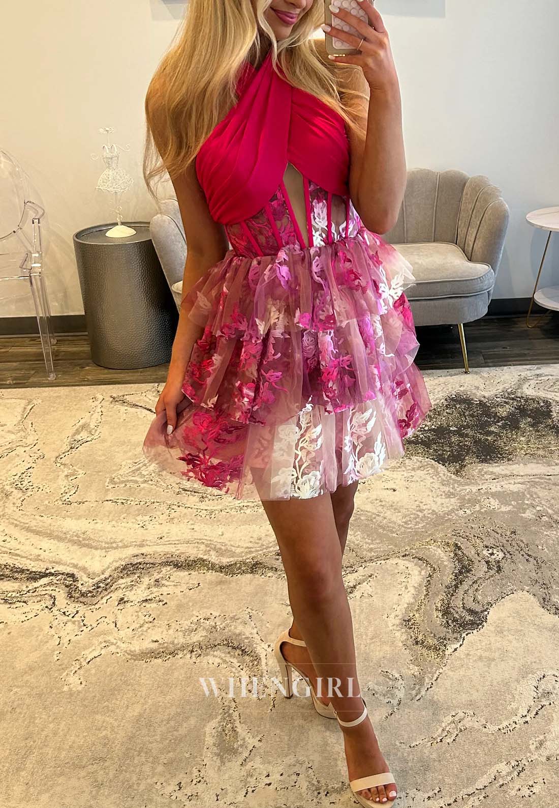 A-Line Cut Out Cross Neck Sleeveless Ruffle Multi Tiered Short Homecoming Dress