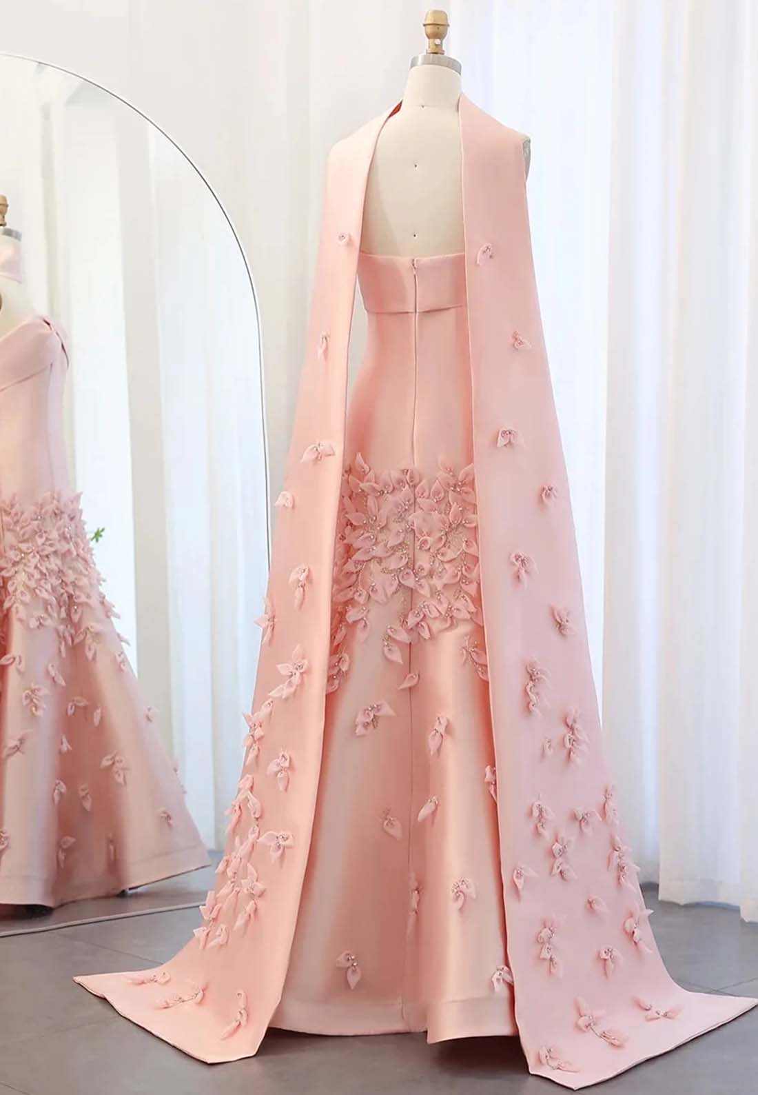 A-Line Strapless Pleated Beaded Strapless Sleeveless Floor Length Formal Dress with Cape