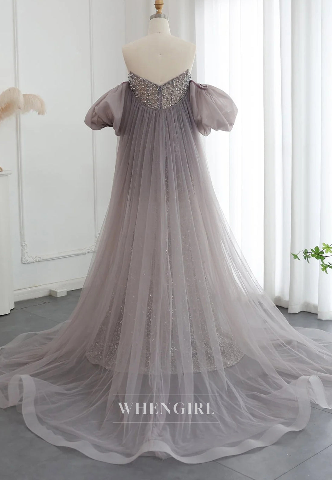 Silver Mauve Pearls Beading Sheath Formal Dress Strapless Sweep Trian Evening Gown with Cape