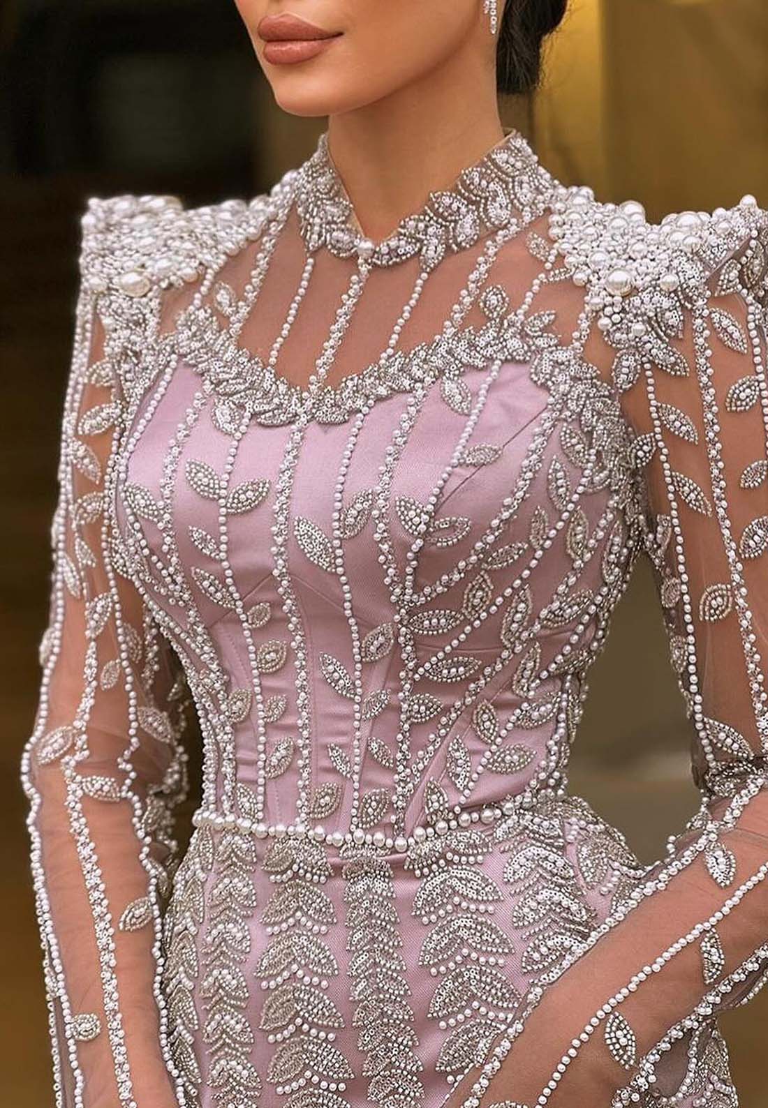 High Neck Long Sleeves Beaded Sheath Floor Length Formal Dress Evening Gown