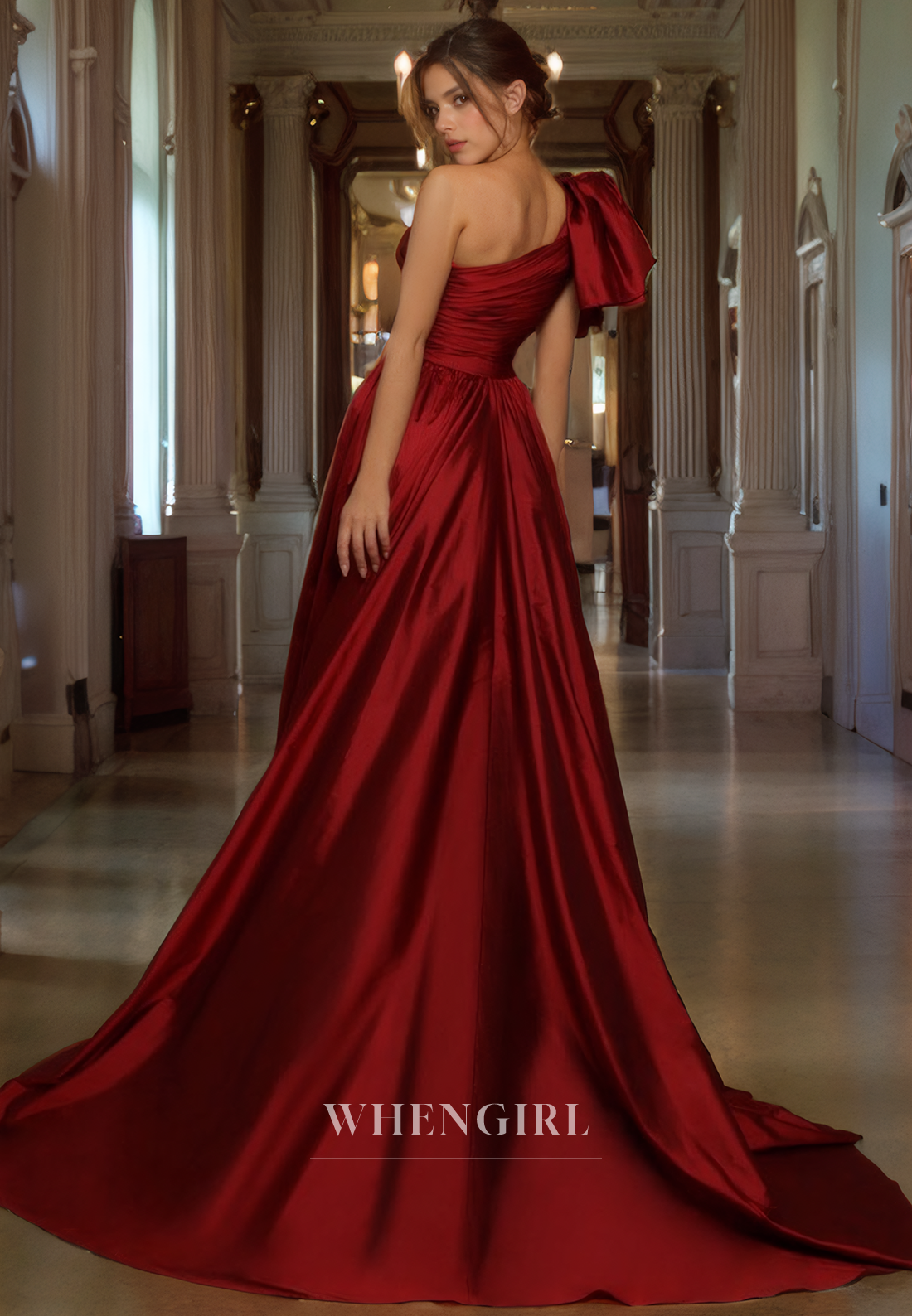 A-Line One Shoulder Sleeveless Pleated Long Prom Dress with Slit and Train
