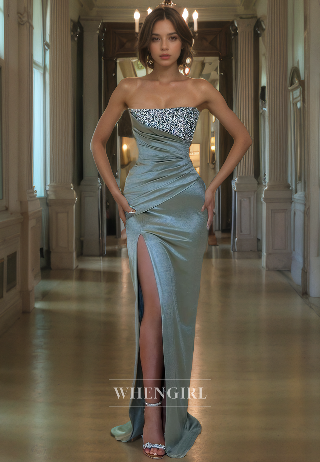 Sheath Strapless Sleeveless Pleated Sequins Satin Long Prom Dress with Slit and Train
