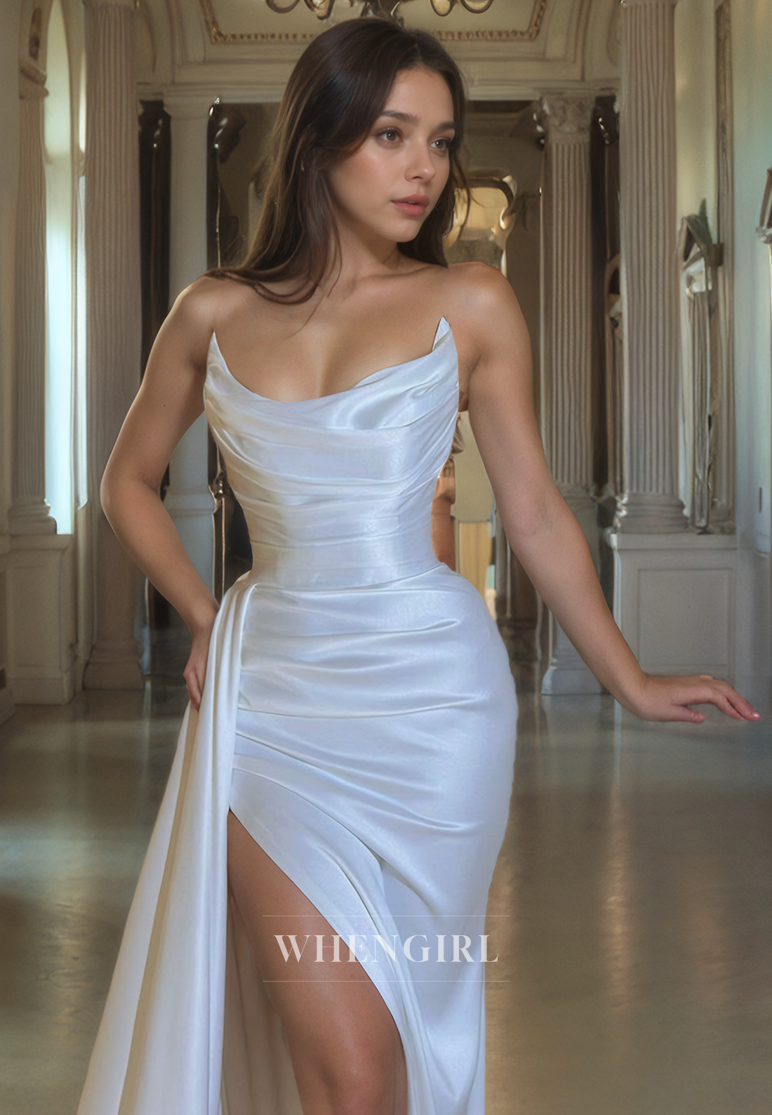 Sheath Boat Neck Sleeveless Pleated Long Prom Dress with Slit and Train