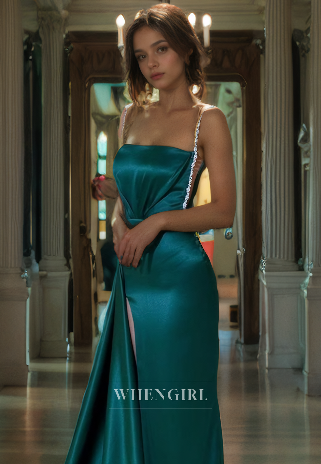 Sheath Strapless Straps Sleeveless Pleated Long Prom Dress with Slit and Train