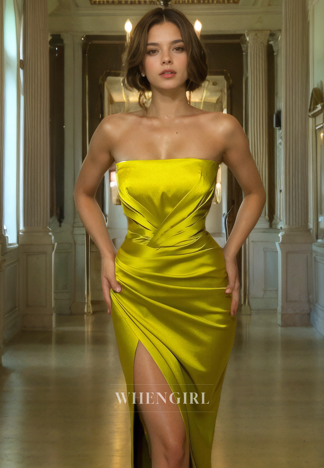 Sheath Strapless Sleeveless Pleated Long Prom Dress with Slit and Train