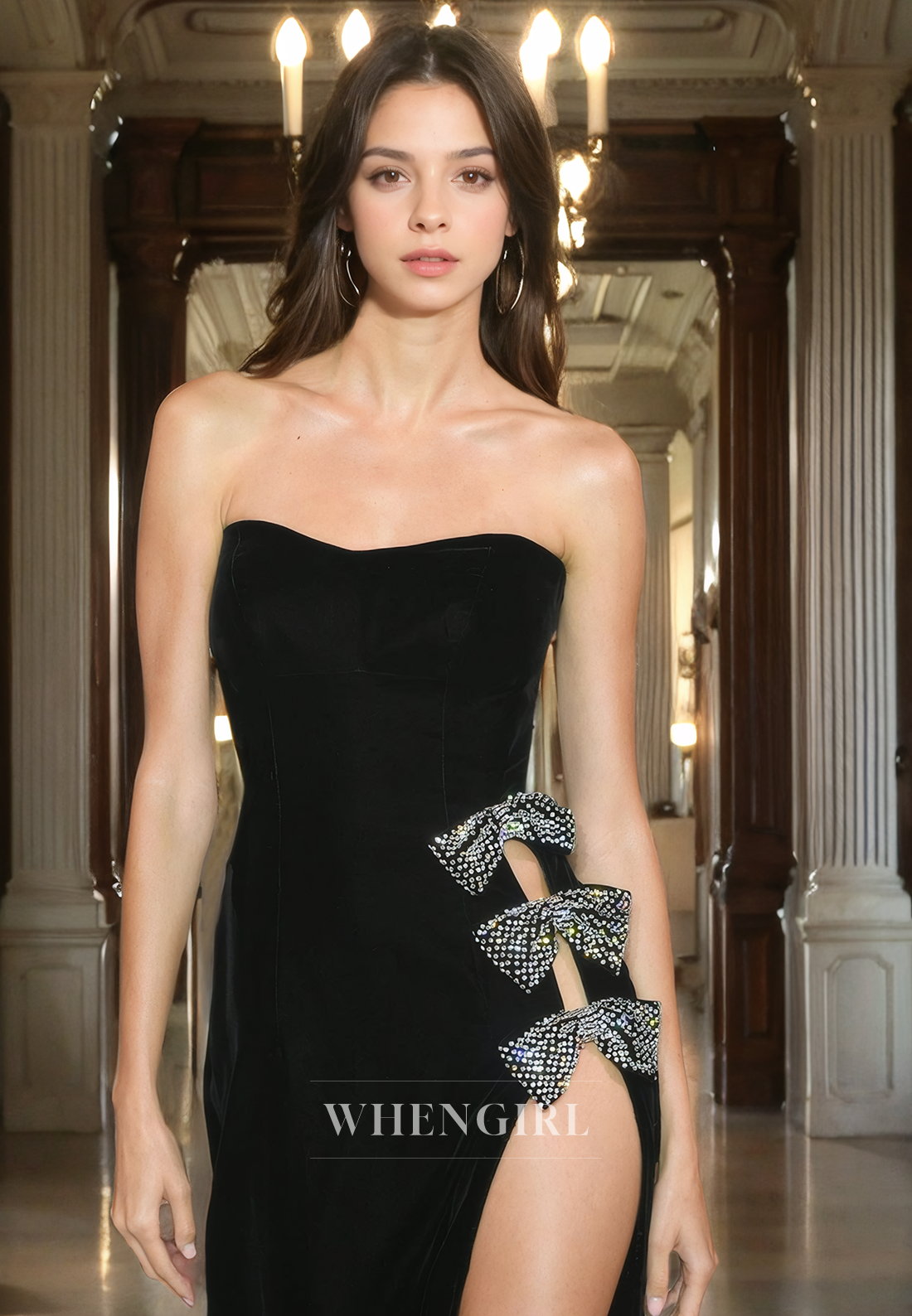 Sheath Strapless Sleeveless Long Prom Dress with High Side Slit and Train