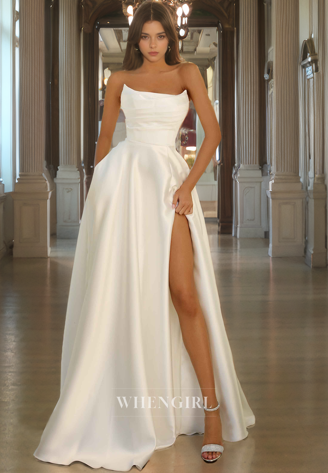 A-Line Strapless Sleeveless Pleated Long Prom Dress with High Side Slit and Train