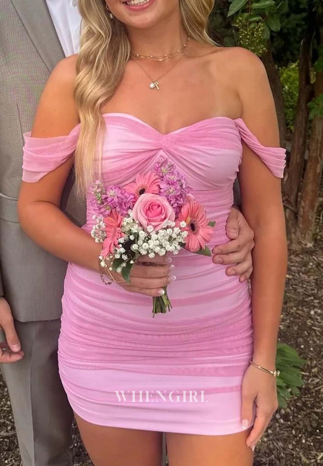 Pink Pleated Off Shoulder Sleeveless Sheath Short Homecoming Dress