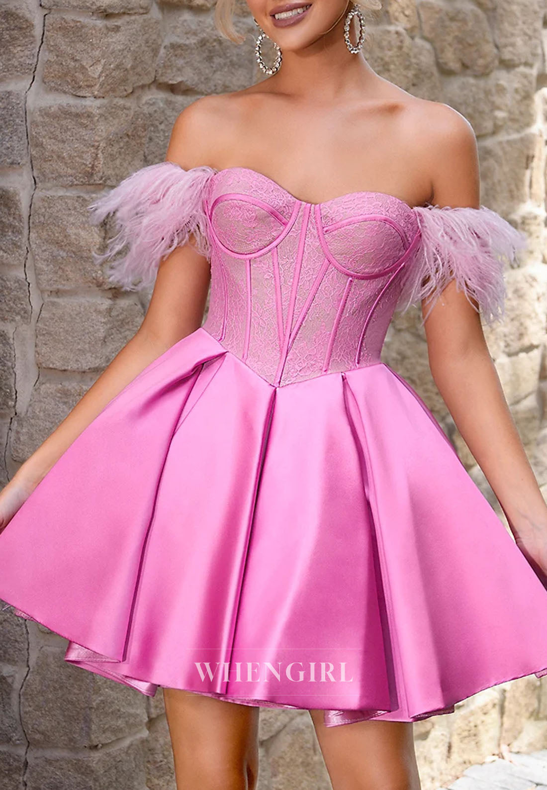 A-Line Off Shoulder Feather Sleeveless Lace Up Short Homecoming Dress
