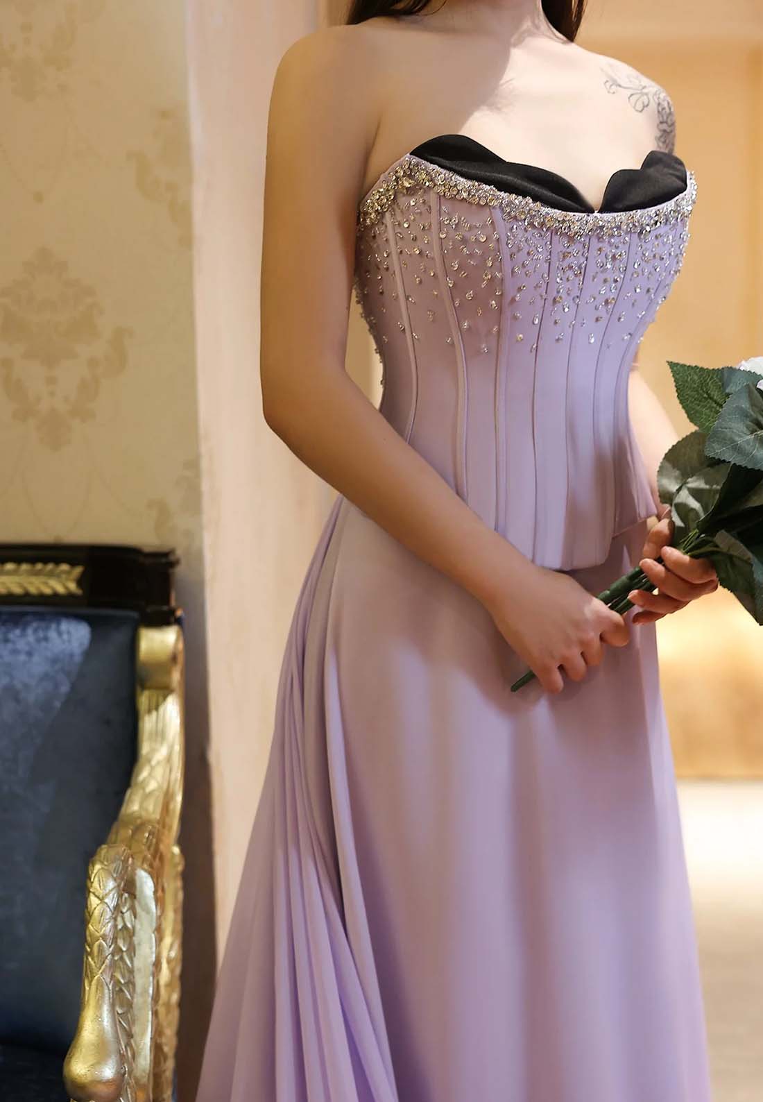 Lilac Asymmetrical Neck Sleeveless Strapless Sweep Train Beaded Formal Evening Dress