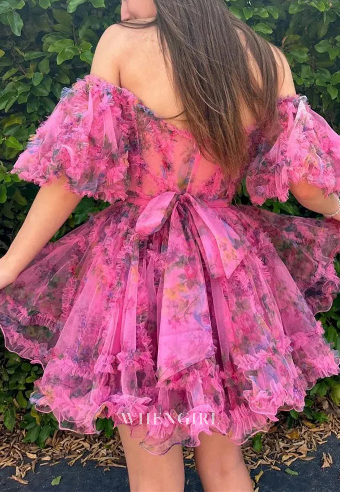 A-Line Floral Short Puff Sleeves Sweetheart Back Zipper Bowknot Short Homecoming Dress