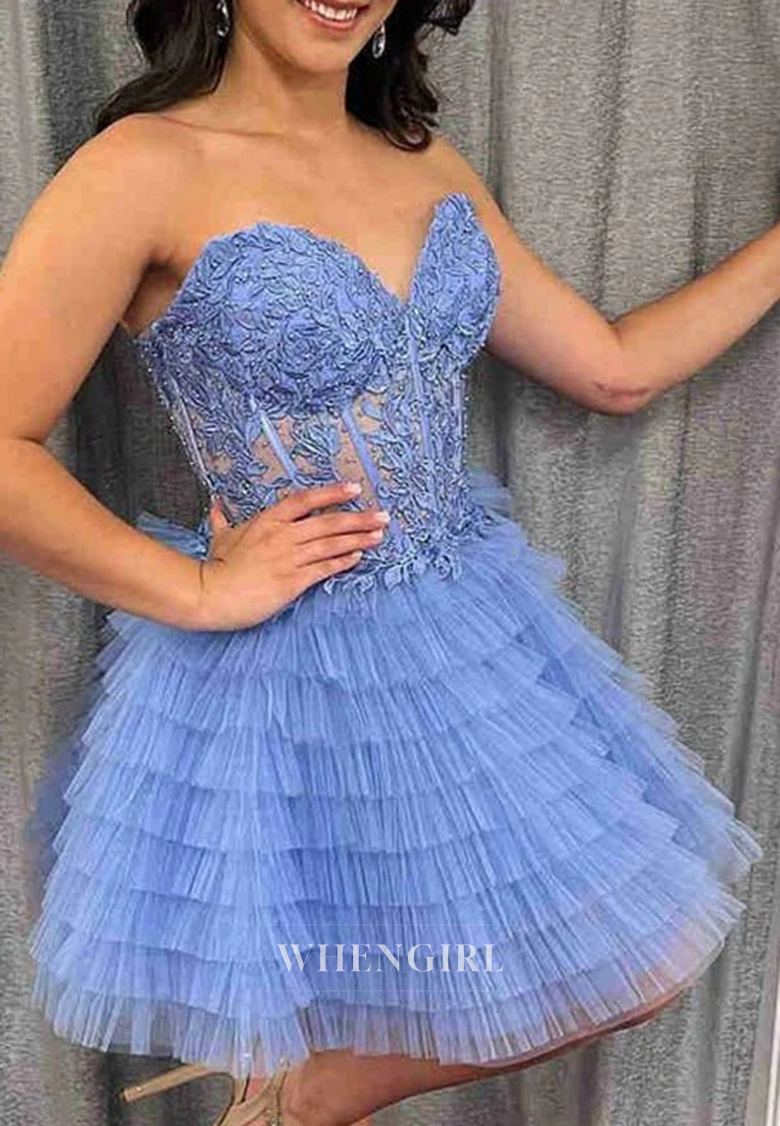 Sweetheart Strapless Appliqued Lace Tiered Tulle Lace Up A-Line Homecoming Dress