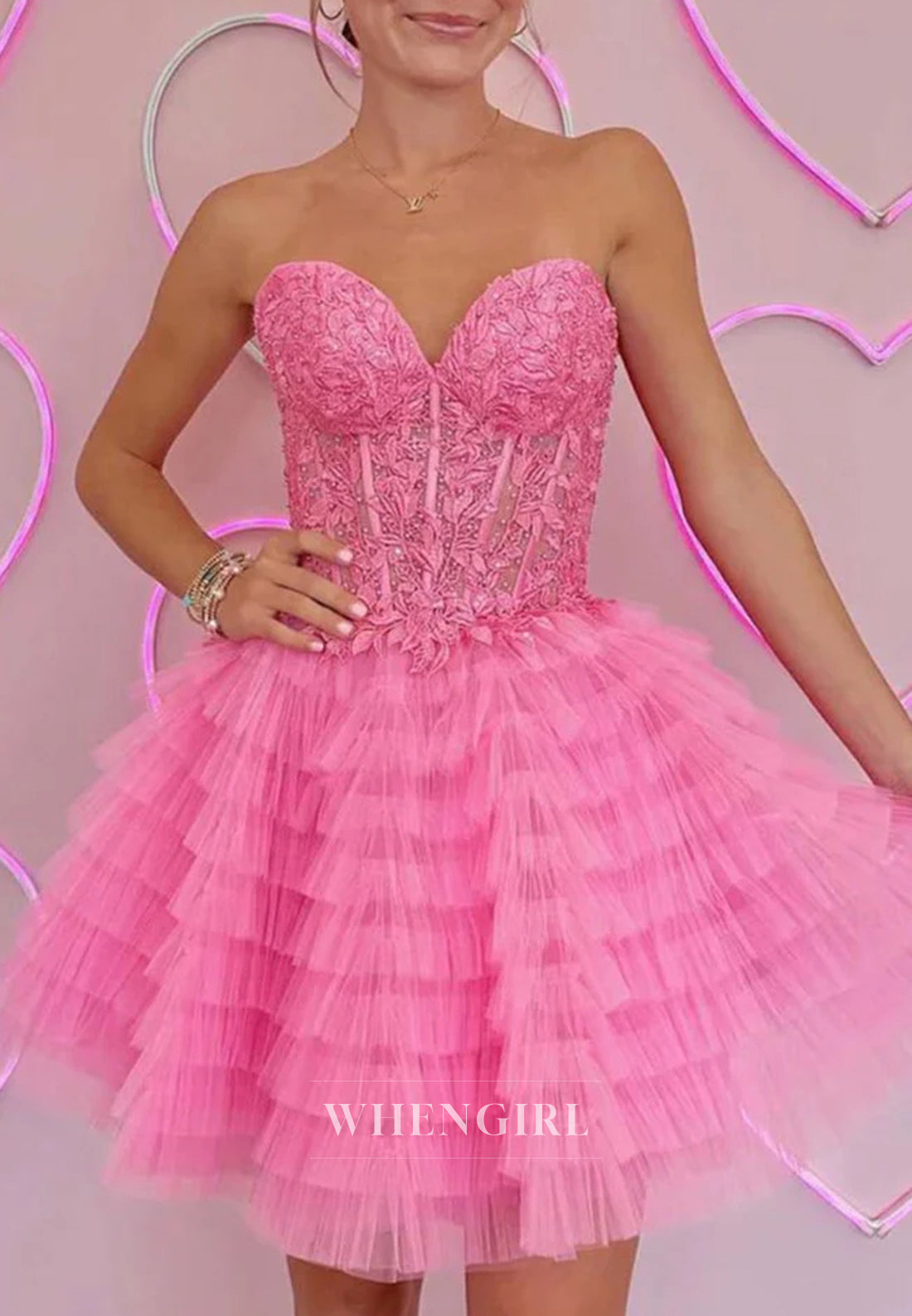 Sweetheart Strapless Appliqued Lace Tiered Tulle Lace Up A-Line Homecoming Dress